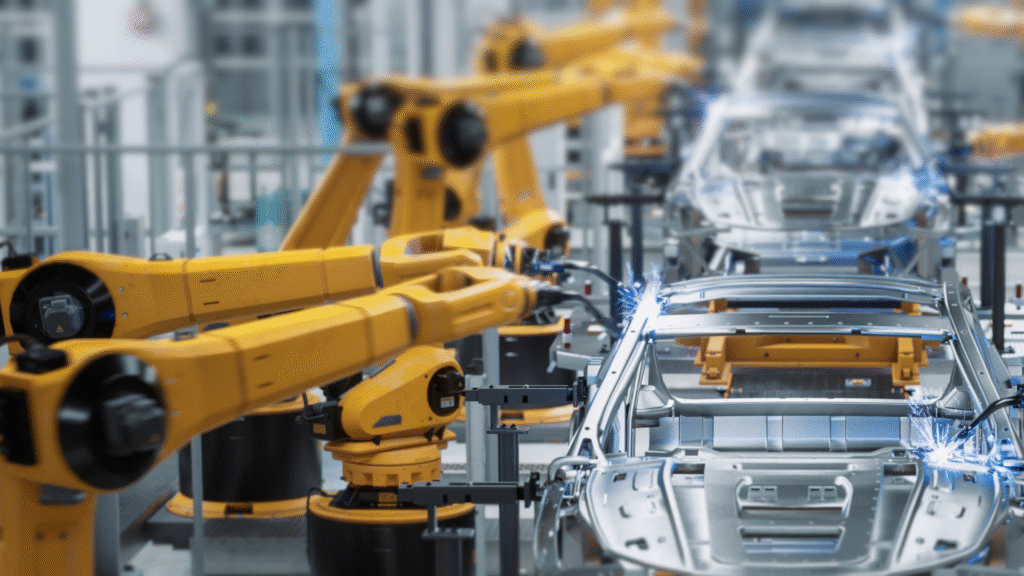 Gelbe Roboterarme montieren silberne Fahrzeugrahmen auf einer automatisierten Fertigungsstraße in einer modernen Fabrik, im Hintergrund sind Maschinen und Anlagen zu sehen.