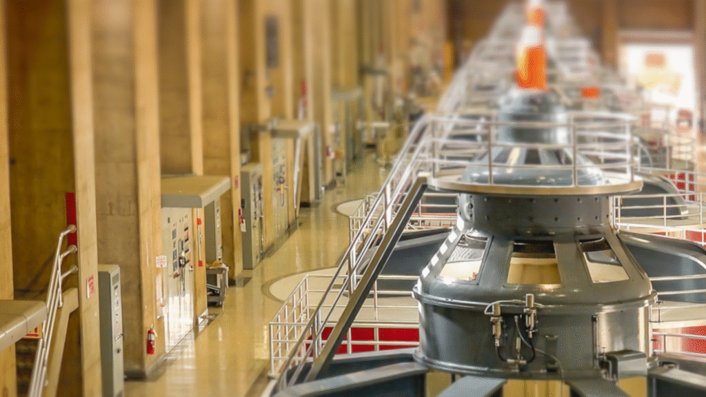 Reihen von großen Industriemaschinen und Schalttafeln in einer geräumigen, gut beleuchteten Anlage mit polierten Böden, Metallgeländern und hohen Decken, möglicherweise ein Kraftwerk oder eine Produktionsstätte.