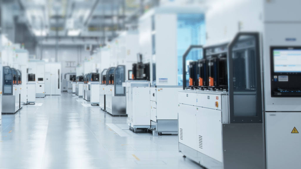 Eine moderne, hell erleuchtete Fabrikhalle mit Reihen von hochmodernen, automatisierten Maschinen und Arbeitsplätzen in einer sauberen und organisierten Umgebung. In der Szene sind keine Menschen zu sehen.