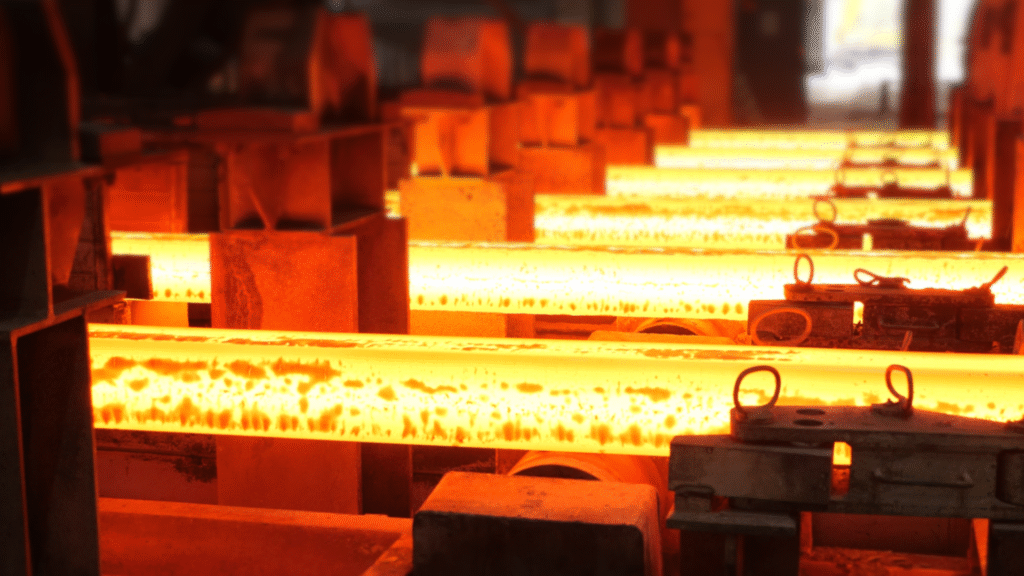 Reihen glühender Stahlträger bewegen sich auf einem Förderband in einem Stahlwerk, umgeben von Industriemaschinen, die den Schmiede- oder Herstellungsprozess von Metall anzeigen.