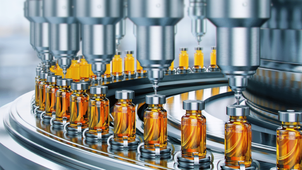 Reihen von Glasfläschchen, die mit einer bernsteinfarbenen Flüssigkeit gefüllt sind, werden auf einer Hightech-Produktionslinie in einer pharmazeutischen Produktionsstätte von automatischen Maschinen verschlossen und versiegelt.