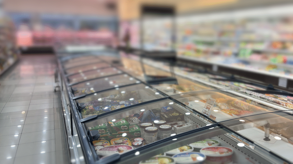 Eine Reihe von Tiefkühltruhen mit Glastüren in einem hell erleuchteten Supermarkt, in denen verschiedene Tiefkühlprodukte wie Eisbecher und verpackte Waren ausgestellt sind, wobei im Hintergrund Regale mit Produkten zu sehen sind.