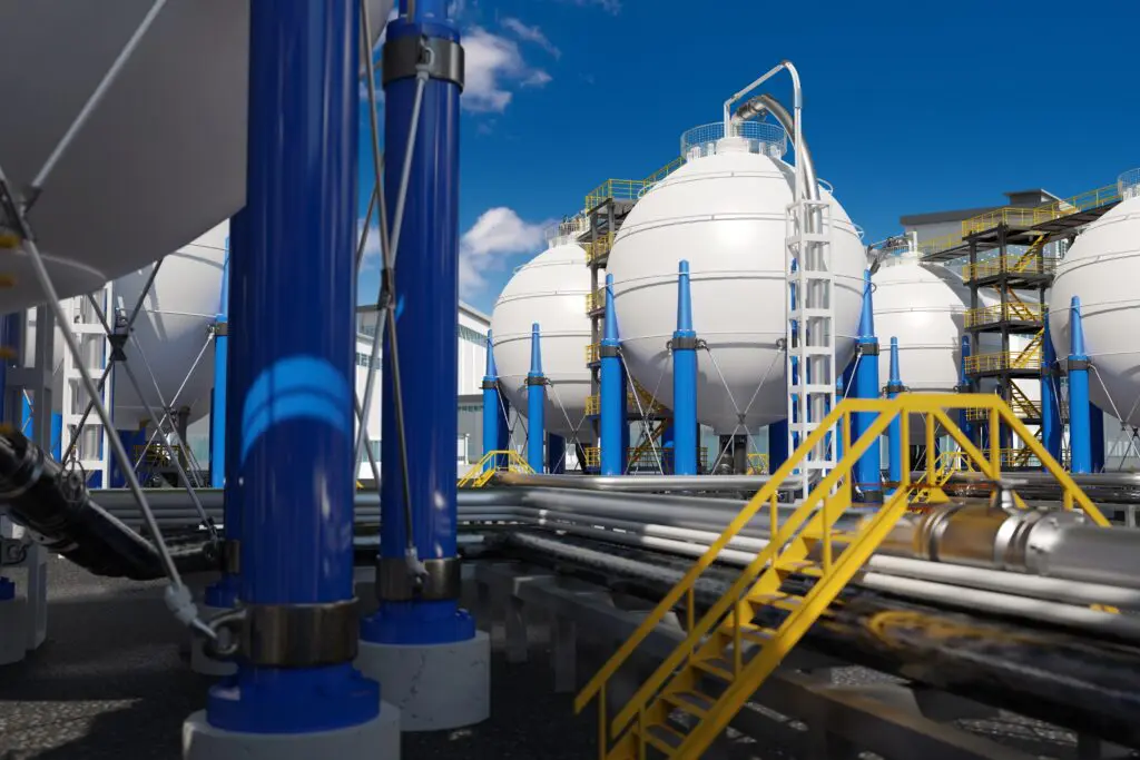 Große kugelförmige Gaslagertanks, die von blauen Säulen getragen werden und von Metallrohren und gelben Treppen in einer Industrieanlage umgeben sind, mit einem klaren blauen Himmel im Hintergrund.