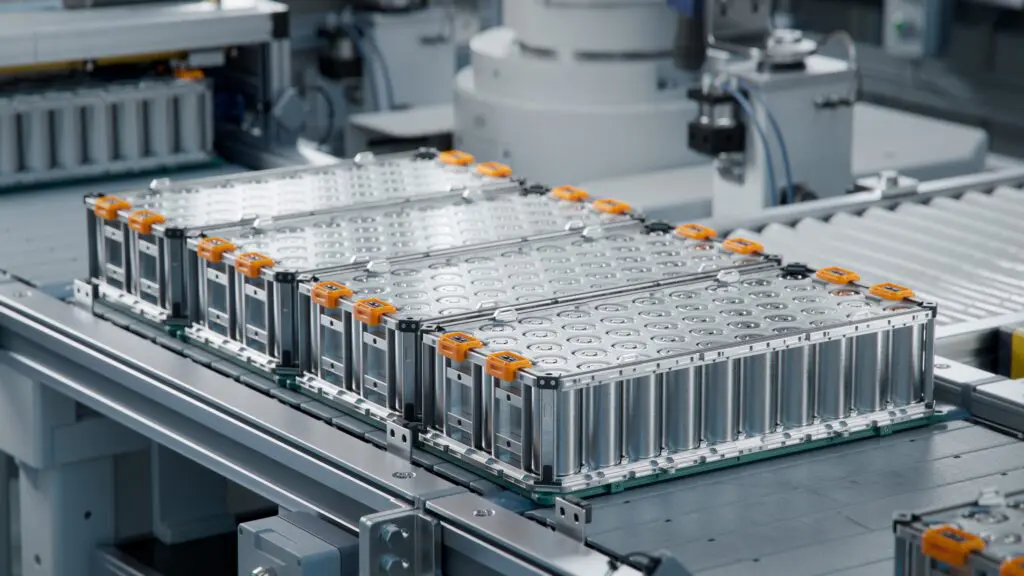 Nahaufnahme mehrerer Lithium-Ionen-Batteriepacks mit zylindrischen Zellen und orangefarbenen Steckern an der Oberseite, die auf einem automatisierten Fließband in einer modernen Fertigungsanlage angeordnet sind.