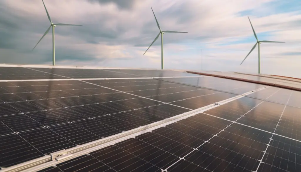 Reihen von Sonnenkollektoren im Vordergrund und drei Windturbinen im Hintergrund bei bewölktem Himmel, die für erneuerbare Energiequellen stehen.