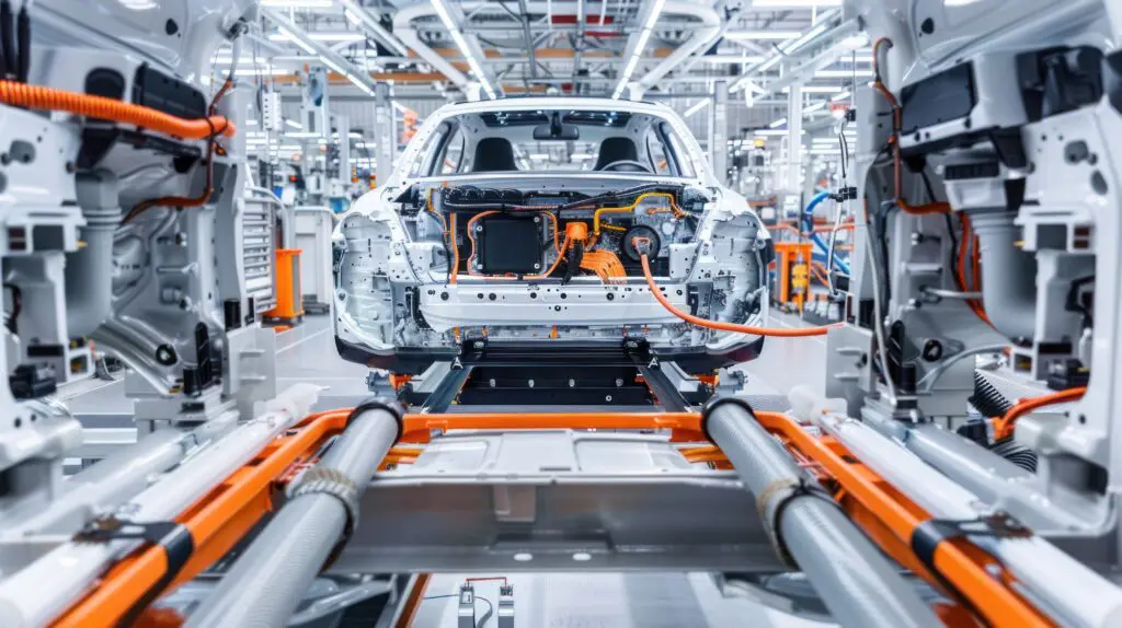 Ein teilweise montiertes Elektroauto auf einem Fließband in einer modernen, hell erleuchteten Automobilfabrik, mit freiliegenden Kabeln, Maschinen und Metallgerüsten im Hintergrund.
