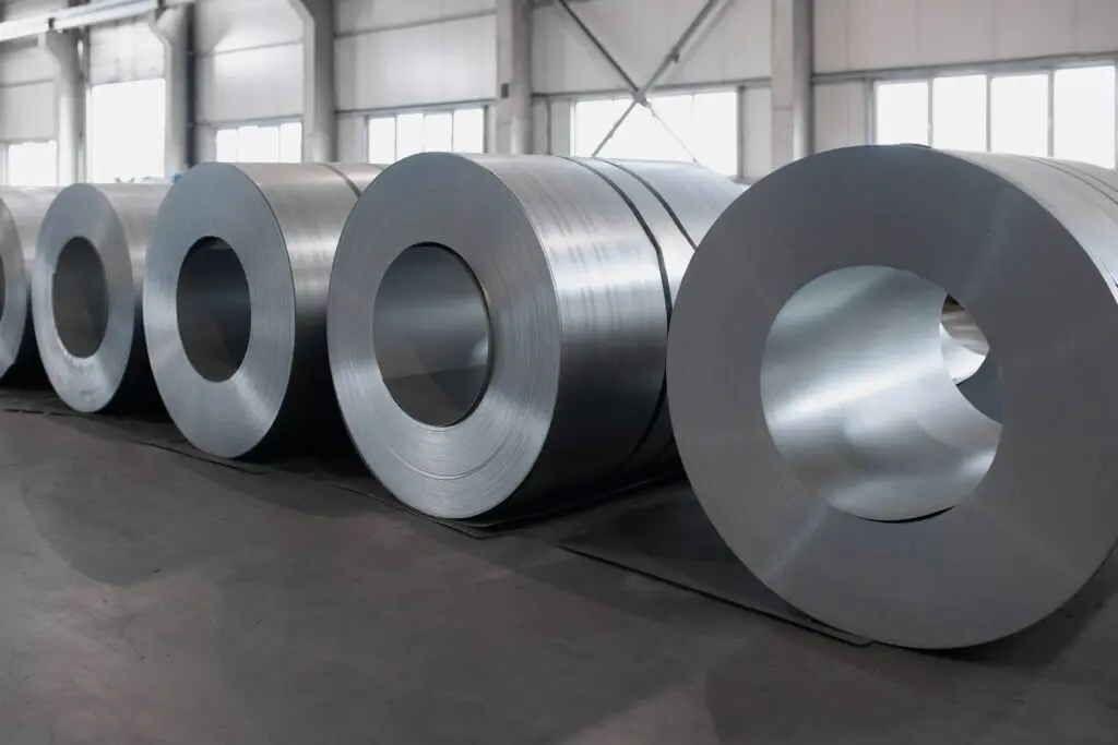 Große Rollen glänzenden Stahlblechs liegen auf dem Boden eines hellen Industrielagers aufgereiht, bereit zur Verarbeitung oder zum Transport.