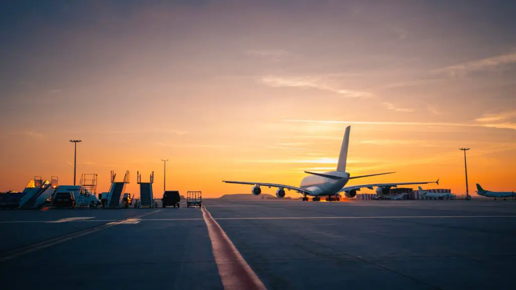 Ein großes Passagierflugzeug steht bei Sonnenaufgang auf dem Rollfeld eines Flughafens, mit einem leuchtend orangen Himmel im Hintergrund und einer tragbaren Einstiegstreppe in der Nähe.