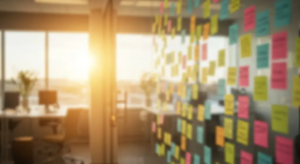 Eine mit bunten Haftnotizen bedeckte Glaswand steht in einem hellen Büro, durch große Fenster strömt Sonnenlicht herein und beleuchtet leere Schreibtische und Computer im Hintergrund.