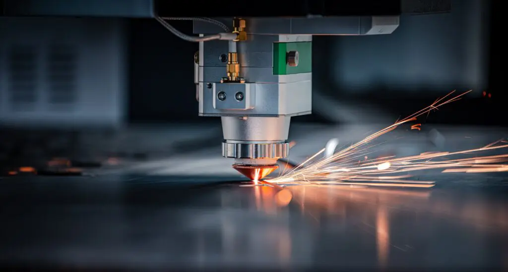 Eine Nahaufnahme einer Laserschneidmaschine in Betrieb, die helle Funken sprüht, während sie in einer industriellen Umgebung präzise durch ein Metallblech schneidet.