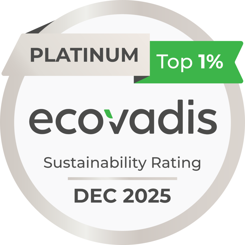 Ein kreisförmiges Abzeichen mit der Aufschrift Platin Top 1% über dem EcoVadis-Logo, mit dem Text Sustainability Rating DEC 2025, der auf ein Top-Nachhaltigkeitsrating im Dezember 2025 hinweist.