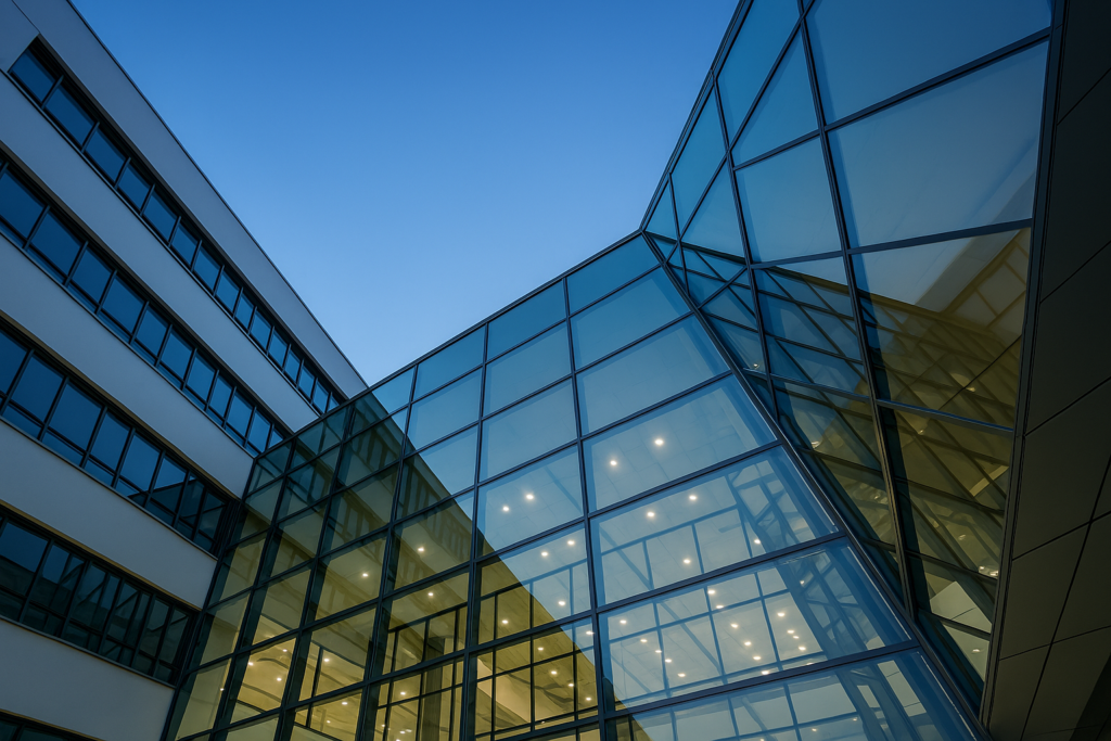 Modernes Bürogebäude aus Glas und Stahl mit beleuchteten Fenstern, gesehen aus einem niedrigen Winkel vor einem klaren blauen Abendhimmel.