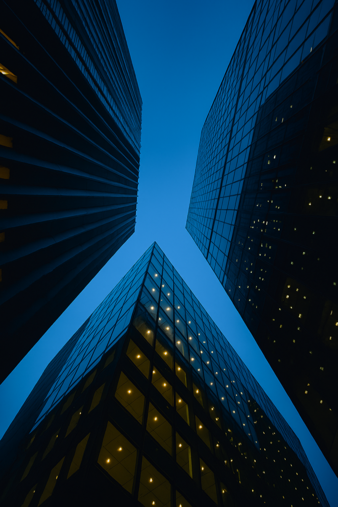 Four tall modern skyscrapers with glass facades and illuminated windows can be seen from below, converging towards the deep blue evening sky and creating a dramatic, geometric perspective.